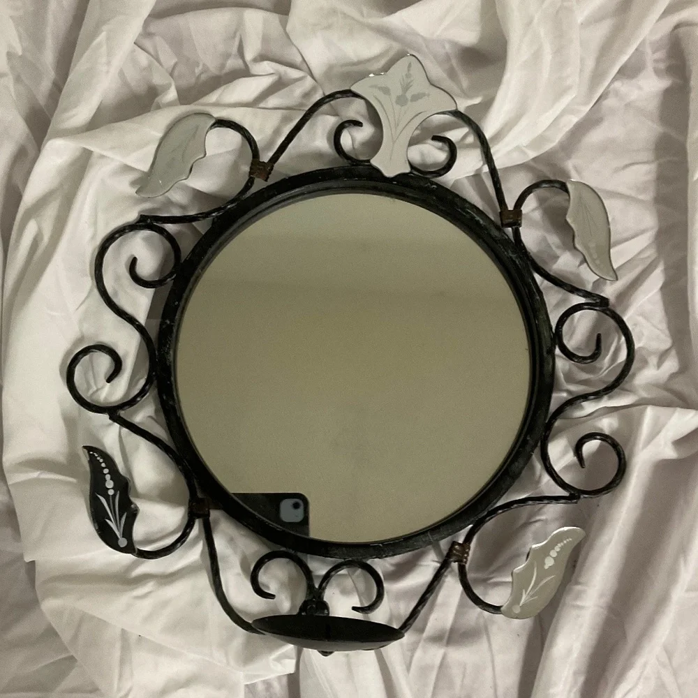 Vintage Mirror Candle Holder Round Petina Black authentic rustic